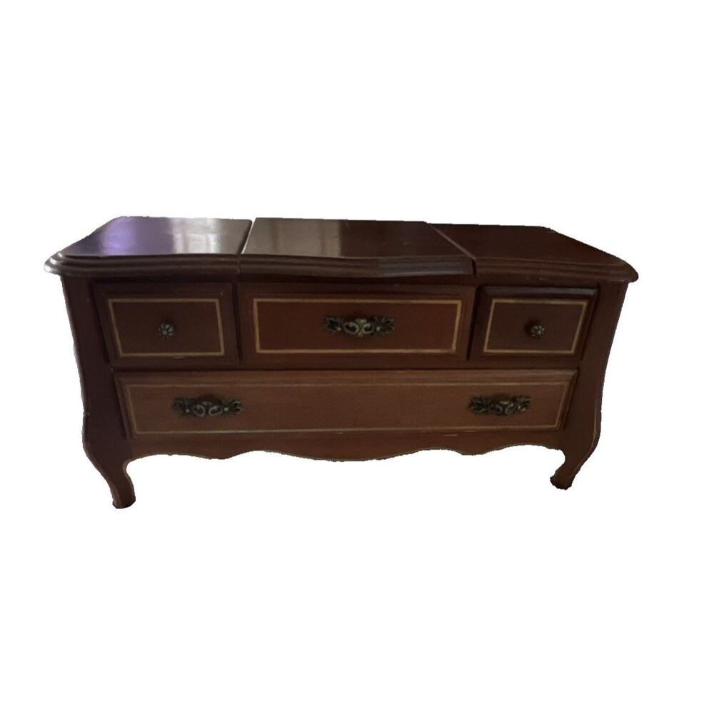 Vintage Mid Century Musical Wooden Jewelry Box, Drawers, Mirror, Velvet Lined
